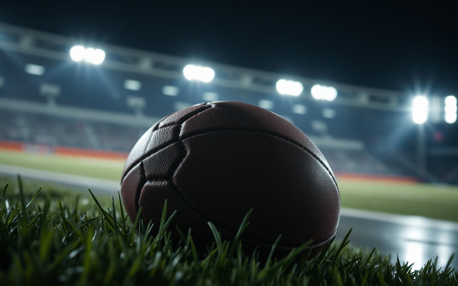 A football resting on floodlit grass