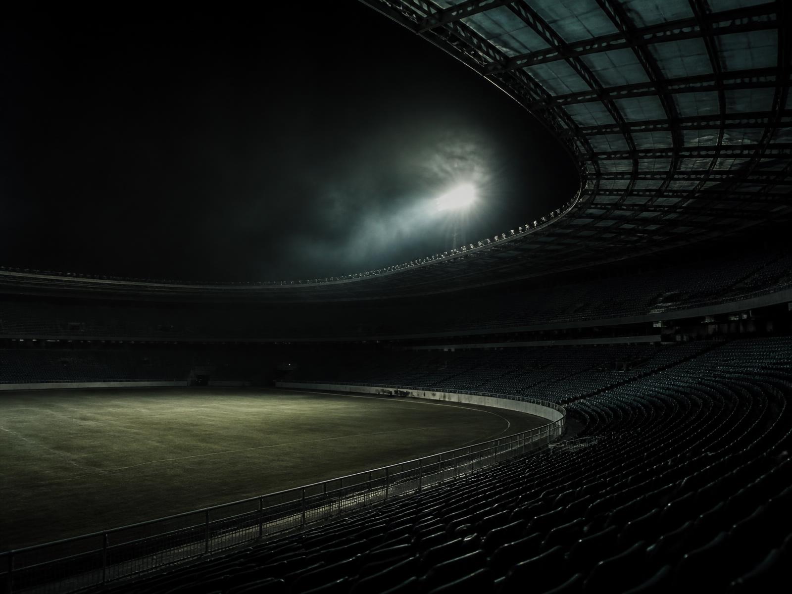 An empty football stadium at night under floodlights